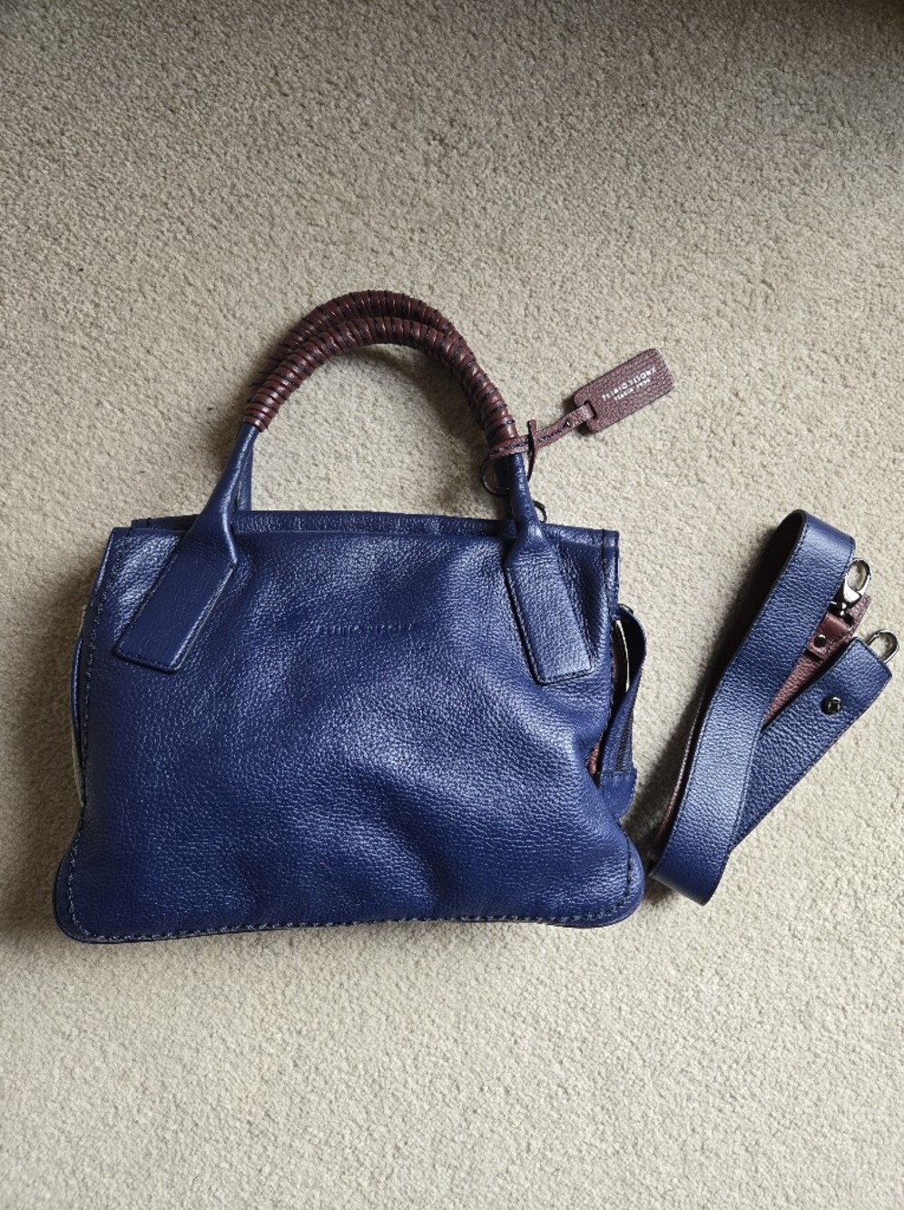 Plinio Visona Navy Pebbled Leather Shoulder Satchel with Woven Handle